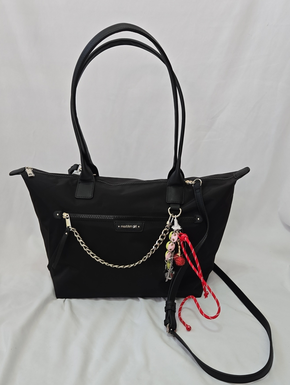 Madden Girl Black Tote with Silver Chain and Red Charm Accents